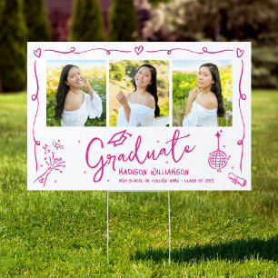 Pink Hand Drawn Doodles 3 Photo Graduation Yard Sign