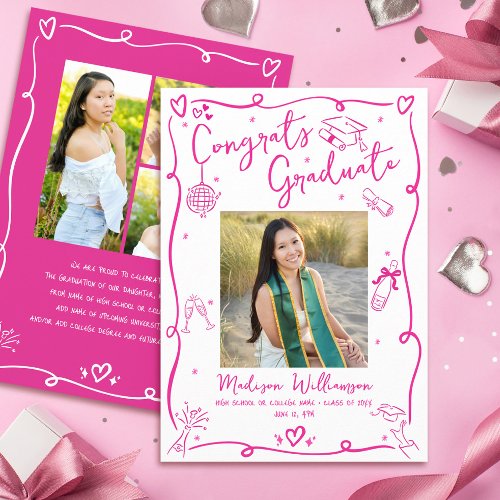 Pink Hand Drawn Doodles Graduate 4 Photo White Fun