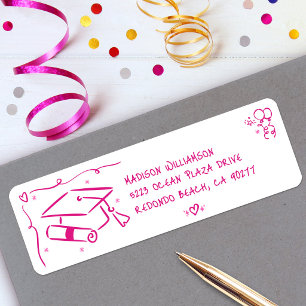 Pink Hand Drawn Doodles Graduate Cap White Address Label