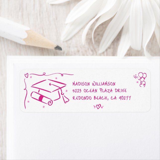 Pink Hand Drawn Doodles Graduate Cap White Address Label (Insitu)