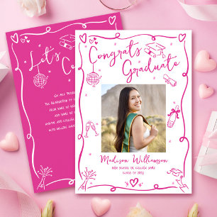 Pink Hand Drawn Doodles Graduate Photo White Retro Announcement