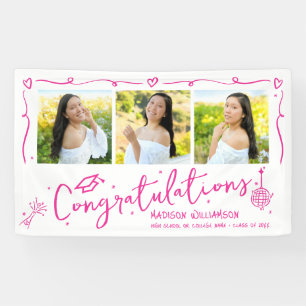 Pink Hand Drawn Doodles Graduation 3 Photo White Banner