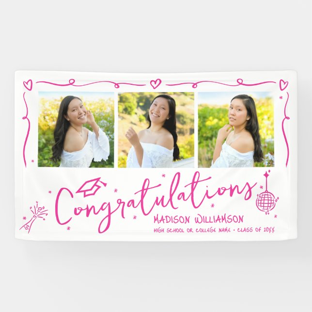 Pink Hand Drawn Doodles Graduation 3 Photo White Banner (Horizontal)