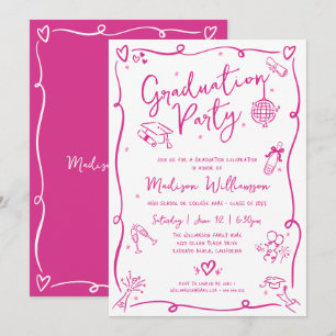 Pink Hand Drawn Doodles Graduation Fun White Party Invitation