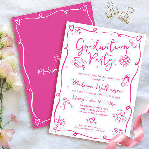 Pink Hand Drawn Doodles Graduation Fun White Party Invitation