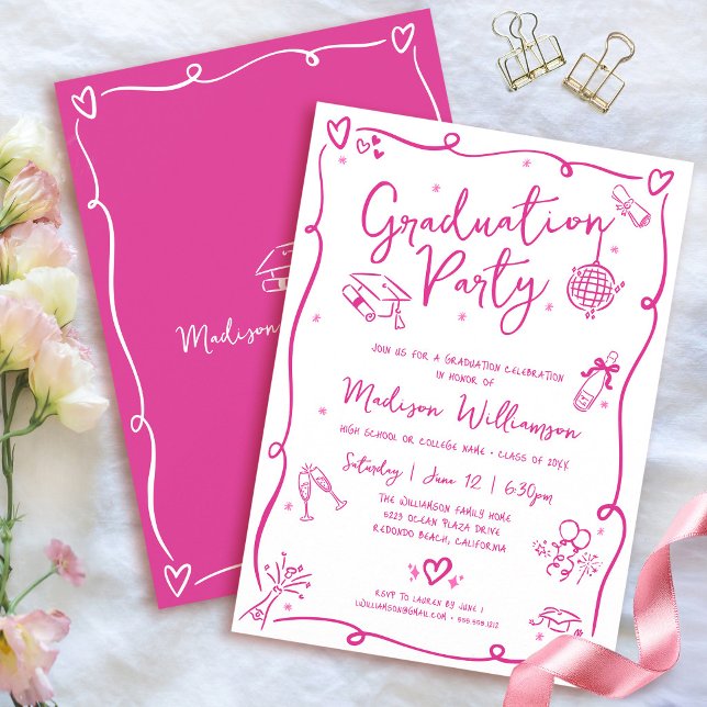Pink Hand Drawn Doodles Graduation Fun White Party Invitation (Creator Uploaded)