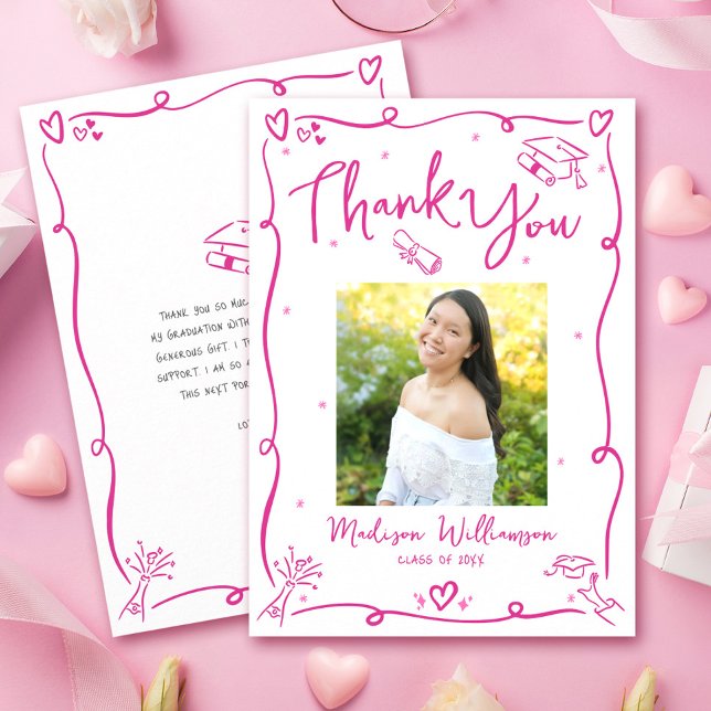 Pink Hand Drawn Doodles Photo Graduate White Retro Thank You Card (Creator Uploaded)
