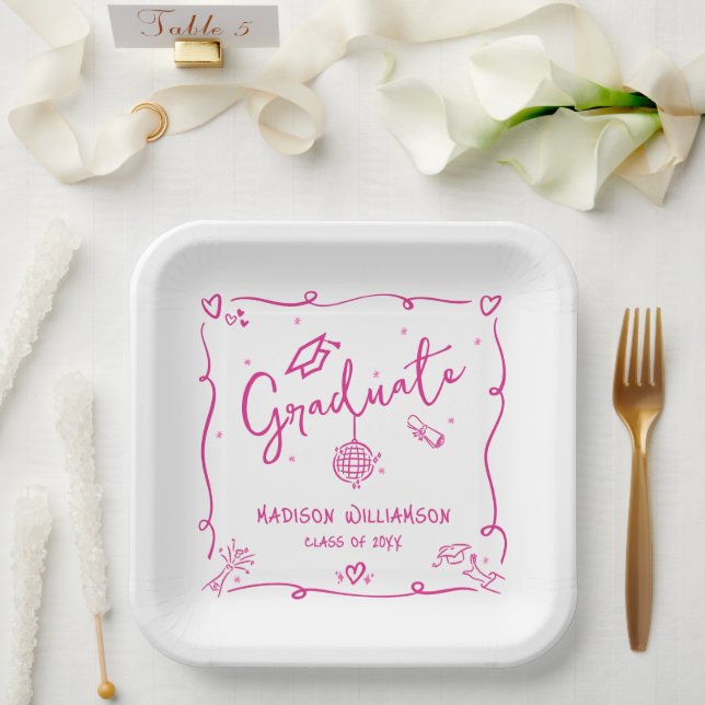 Pink Hand Drawn Doodles White Graduation Quirky Paper Plates (Wedding)