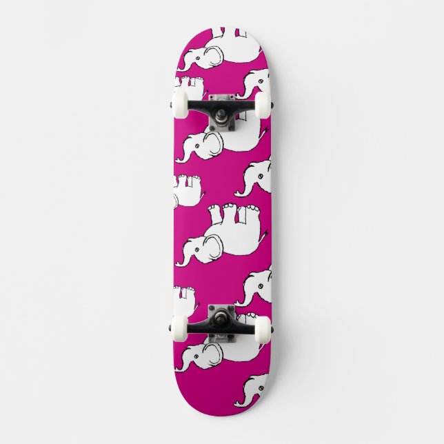 Pink Hand Drawn Elephant Pattern Elephant Cartoon Skateboard Deck (Front)