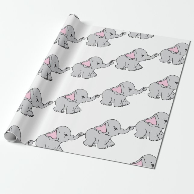 Pink Hand Drawn Elephant Pattern Elephant Cartoon Wrapping Paper (Unrolled)