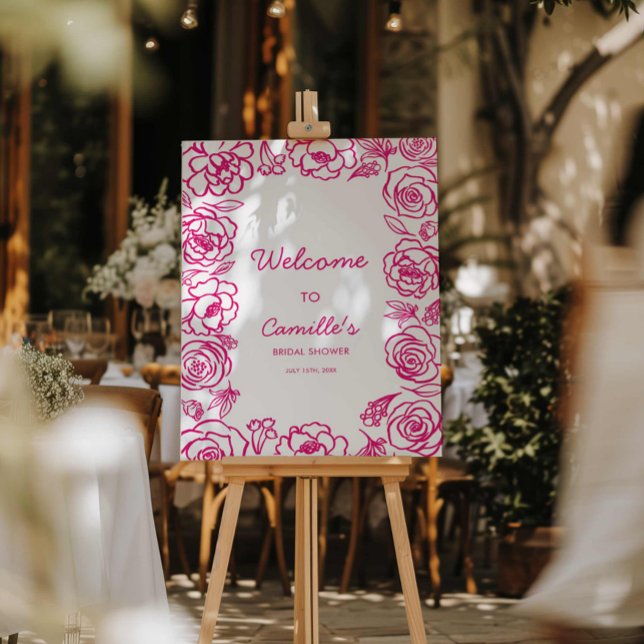 Pink Hand Drawn Floral Bridal Shower Welcome Sign (Hot Pink Floral Bridal Shower Welcome Party Sign)