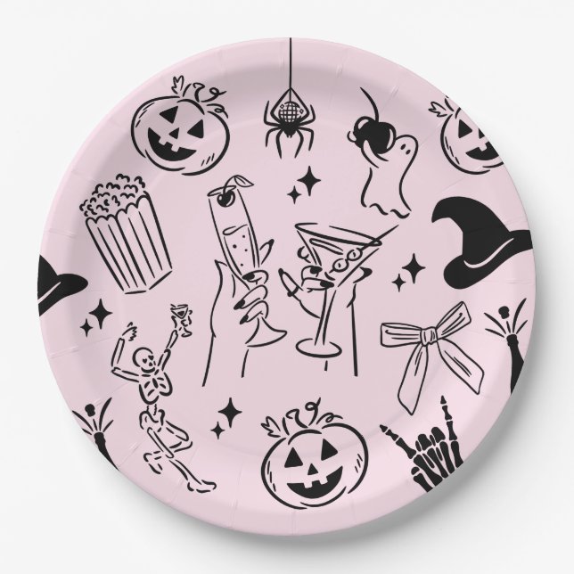Pink Hand Drawn Halloween Party Paper Plates (Front)