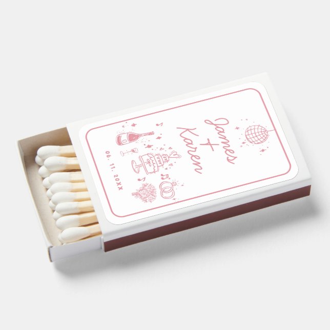 Pink Hand Drawn Handwritten retro wedding Matchboxes (Front Open)