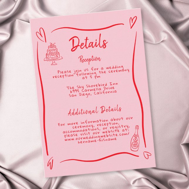Pink Hand Drawn Heart Whimsical Modern Wedding Enclosure Card (Pink Hand Drawn Heart Whimsical Modern Wedding Enclosure Card)