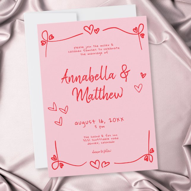 Pink Hand Drawn Heart Whimsical Modern Wedding  Invitation (Pink Hand Drawn Heart Whimsical Modern Wedding Invitation)