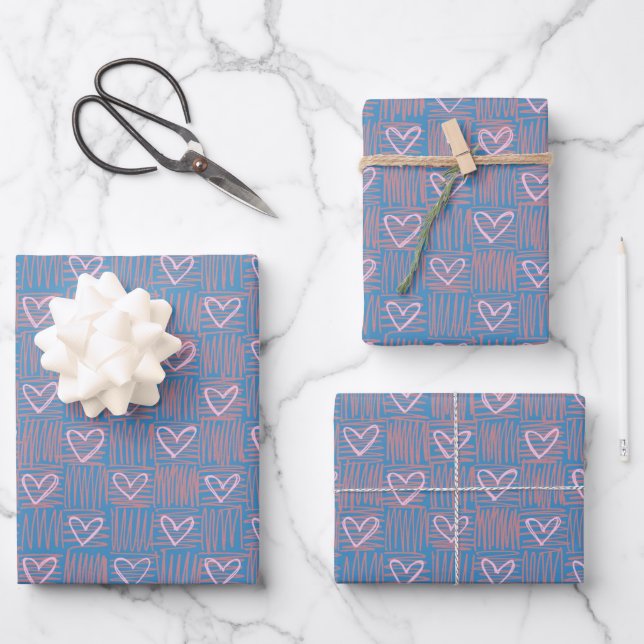 Pink Hand-Drawn Hearts Pattern on Blue Wrapping Paper Sheets (Front)