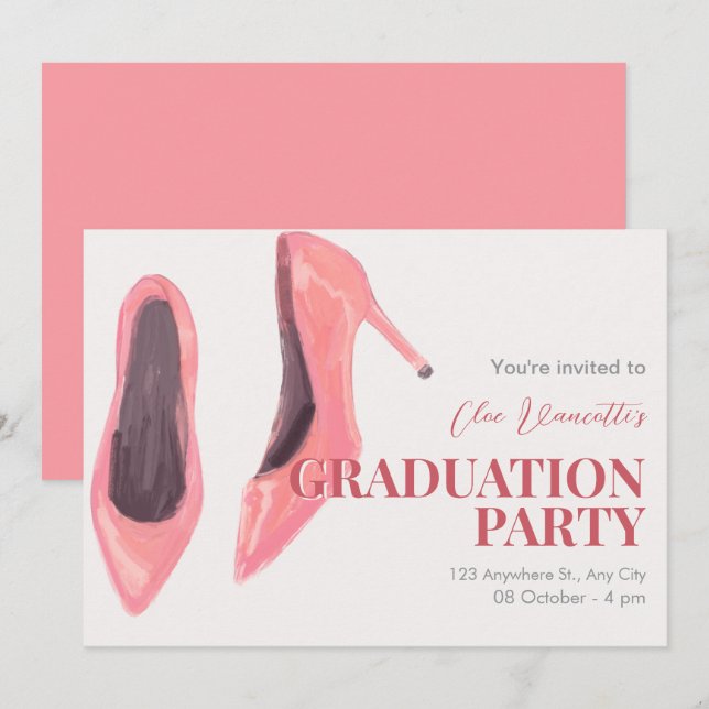 Pink hand drawn heels graduation party invitation (Front/Back)