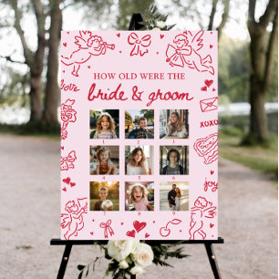 Pink Hand Drawn How Old Were Bride & Groom Sign