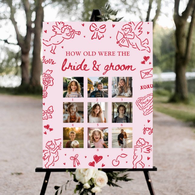 Pink Hand Drawn How Old Were Bride & Groom Sign (Pink Hand Drawn How Old Were Bride & Groom Sign)
