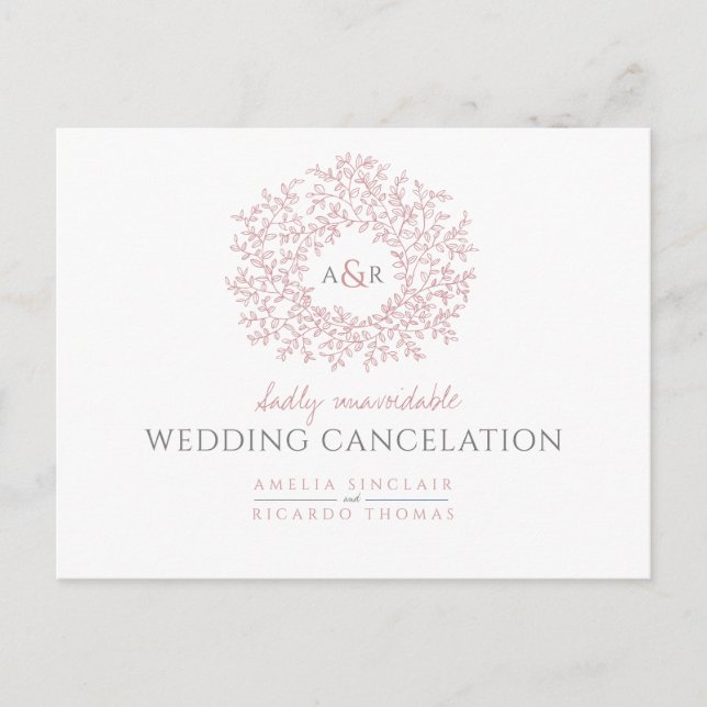 Pink hand drawn leaf monogram wedding cancelation announcement postcard (Front)