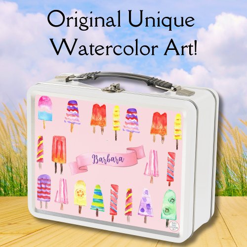 Pink Hand_Drawn Popsicles Whimsical Personalized Metal Lunch Box