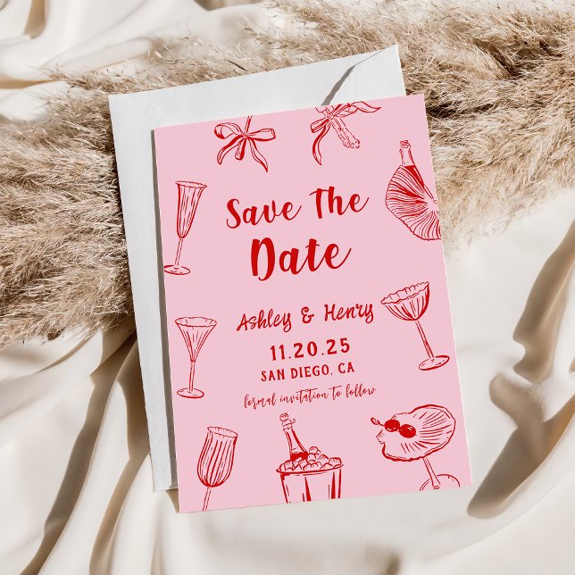 Pink Hand Drawn Quirky Wedding Save The Date Invitation (Creator Uploaded)