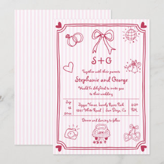 Pink hand drawn scribble doodle, stripes wedding invitation