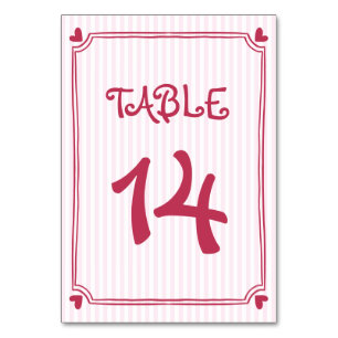 Pink hand drawn scribble doodle, stripes wedding table number