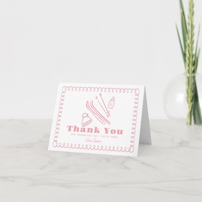 Pink Hand-Drawn Ski Après Bébé Baby Shower Thank You Card (Front)
