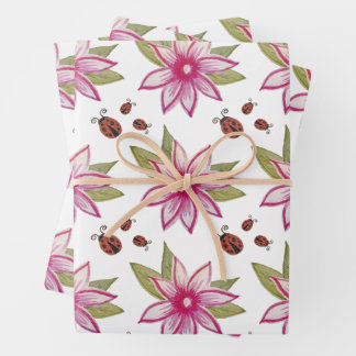 Pink hand drawn Spring Flower Ladybugs Wrapping Paper Sheets