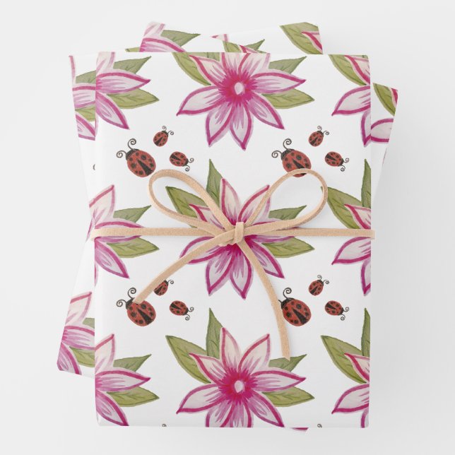 Pink hand drawn Spring Flower Ladybugs Wrapping Paper Sheets (In situ)