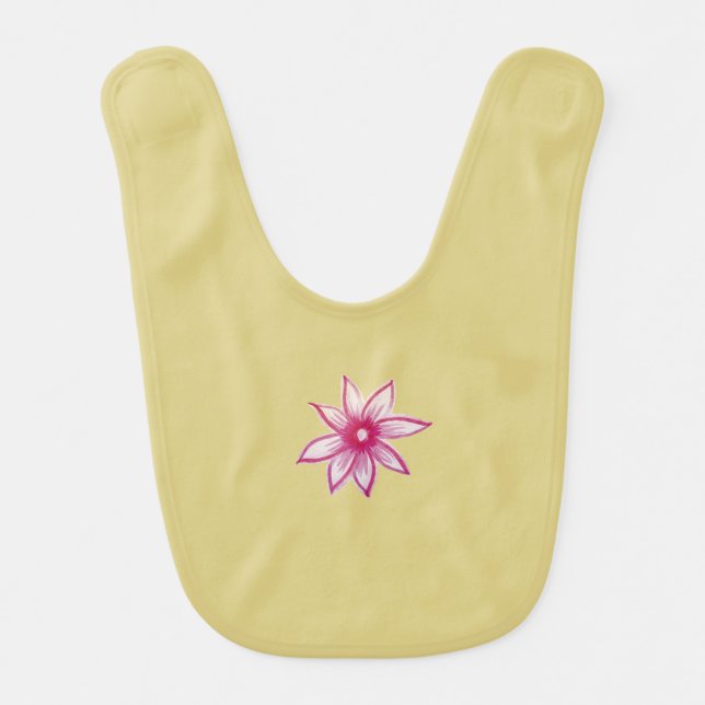 Pink hand drawn Spring Flower on yellow Baby Bib (Front)