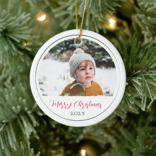 Pink Hand Drawn Stars Round Photo Christmas Ceramic Ornament