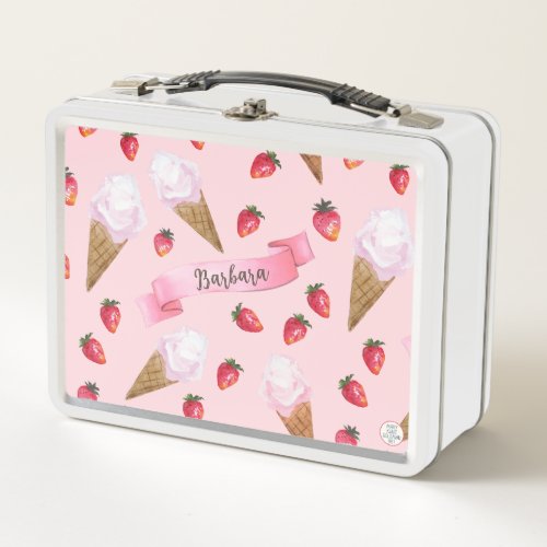 Pink Hand_Drawn Strawberry Ice Cream Whimsical Metal Lunch Box