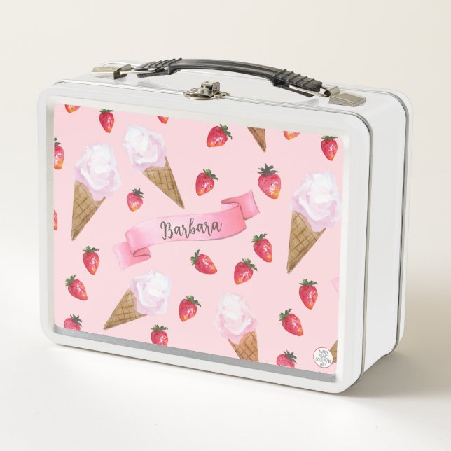 Pink Hand-Drawn Strawberry Ice Cream Whimsical Metal Lunch Box (Front)