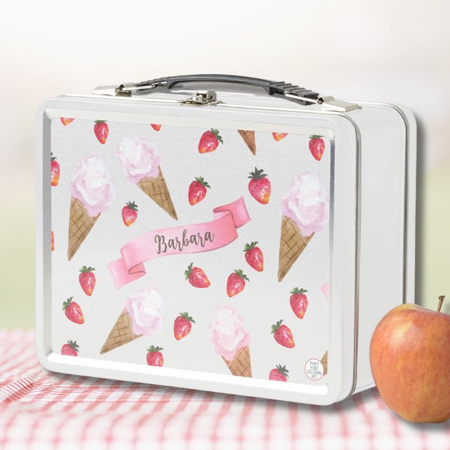 Pink Hand-Drawn Strawberry Ice Cream Whimsical Metal Lunch Box (This hand-illustrated ice cream school lunch box promises that something yummy is inside!)