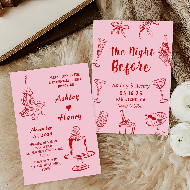 Pink Hand Drawn The Night Before Rehearsal Dinner Invitation (Creator Uploaded)