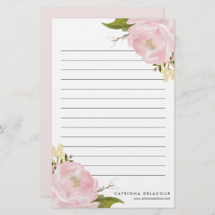 Pink Hand Drawn Watercolor Peonies Personalized Stationery