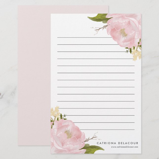 Pink Hand Drawn Watercolor Peonies Personalized Stationery (Front/Back)