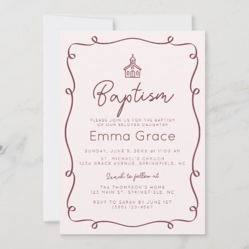 Pink Hand Drawn Whimsical Baptism Invitation