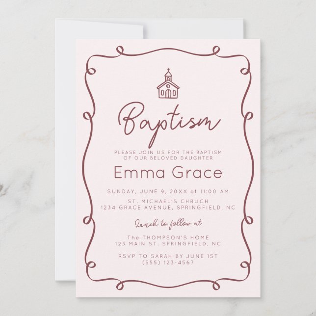 Pink Hand Drawn Whimsical Baptism Invitation (Front)