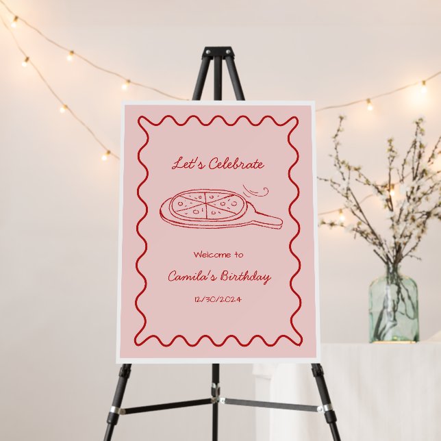 Pink Hand Drawn Whimsical Pizza Welcome Sign (In Situ (Stand))