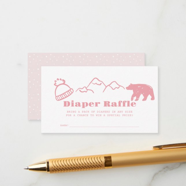 Pink Hand-Drawn Winter Baby Diaper Raffle Ticket Enclosure Card (Front/Back In Situ)