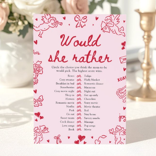 Pink Hand Drawn Would She Rather Baby Shower Game Invitation (Pink Hand Drawn Would She Rather Baby Shower Game)