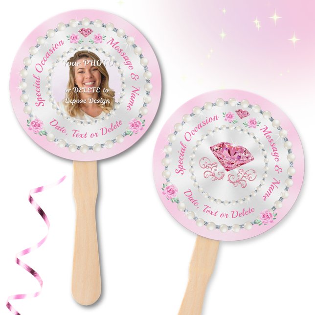 Pink Hand Fans, Personalized Hand Fans with PHOTO (Personalized photo hand fans. Pink paper fans on stick. Soft pink birthday party ideas. Pink party.)