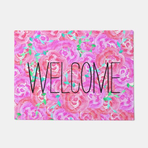 Pink hand painted floral watercolor roses doormat