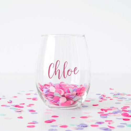 Pink Hand Scripted Name Bachelorette Bridal Party Stemless Wine Glass