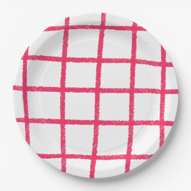Pink Handdrawn Grid Paper Plates (Front)