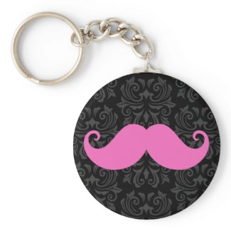 Pink handlebar mustache on black damask pattern key chains