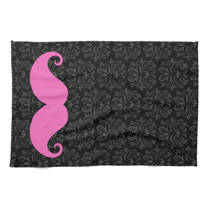 Pink handlebar mustache on black damask pattern towels